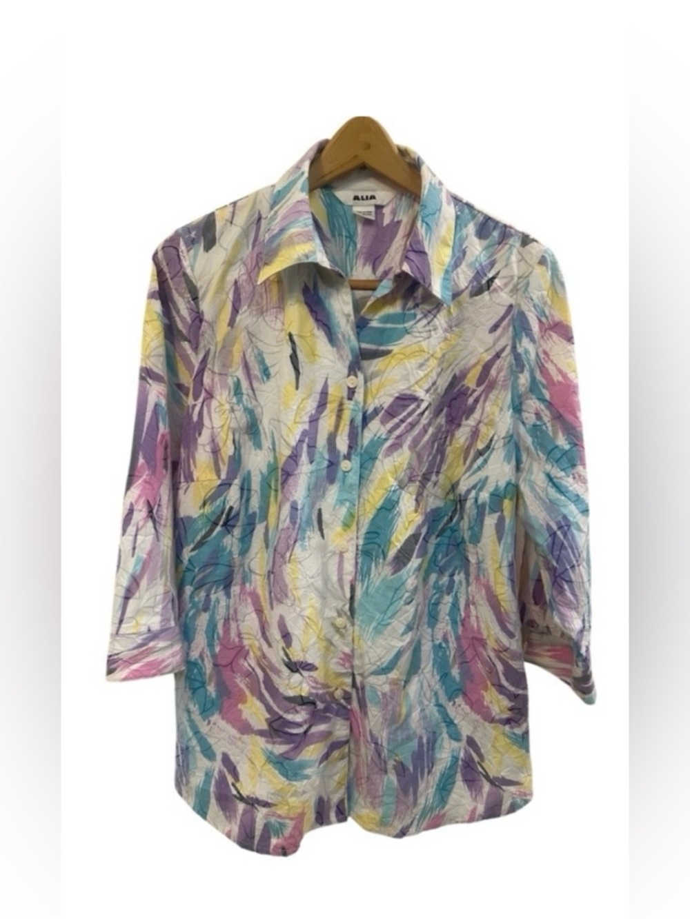 ALIA Colorful Abstract Crinkle Print Button Down Blouse - Shirttail Hem - Sz 16W